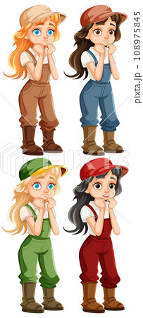 Set of Four Farmer Girl Cartoon Characters 108975845