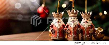 Three wise men holding gifts for Jesus. Concept religious holiday of Epiphany, Nativity of Jesus, Three Kings Day Three wise men holding gifts for Jesus. Concept religious holiday of Epiphany, Nativity of Jesus, Three Kings Day 108976256