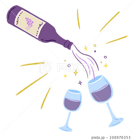グラスに注がれたワインで乾杯、色鉛筆テクスチャの手描きのおしゃれなイラスト 108976353