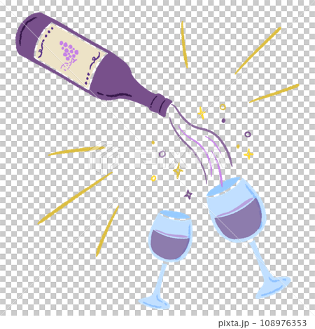 グラスに注がれたワインで乾杯、色鉛筆テクスチャの手描きのおしゃれなイラスト 108976353