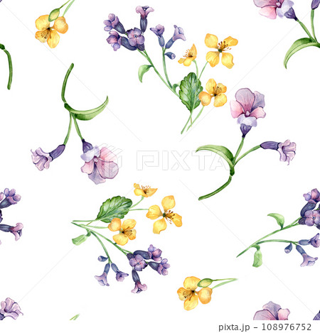 Medicinal plants watercolor seamless pattern isolated on white background. Pulmonaria officinalis purple flower hand drawn. Painted celandine herb plant. Design for label, package, textile, wrapping Medicinal plants watercolor seamless pattern isolated on white background. Pulmonaria officinalis purple flower hand drawn. Painted celandine herb plant. Design for label, package, textile, wrapping 108976752