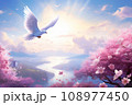 White dove flying above trees on sunrise 108977450