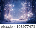 Beautiful winter forest at night with light 108977473