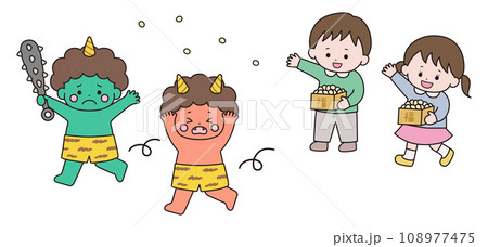 逃げる鬼と豆まきする子供のイラスト 108977475