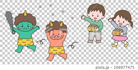 逃げる鬼と豆まきする子供のイラスト 108977475