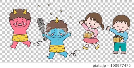 Illustration of a running demon and a child throwing beans Illustration of a running demon and a child throwing beans 108977476