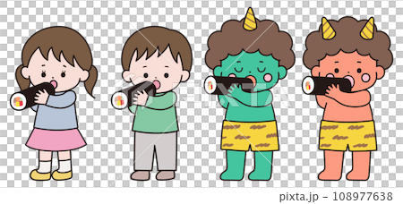恵方巻を食べる鬼と子供 108977638