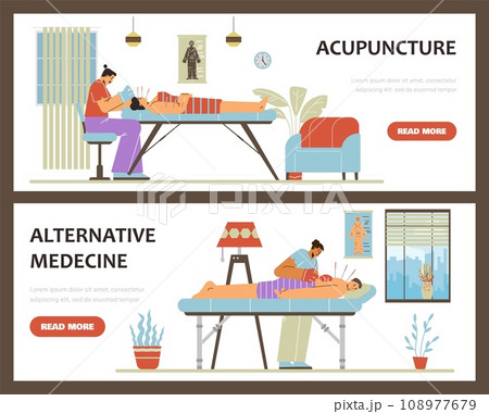 Acupuncture therapy using needles banners or flyers, flat vector illustration. 108977679