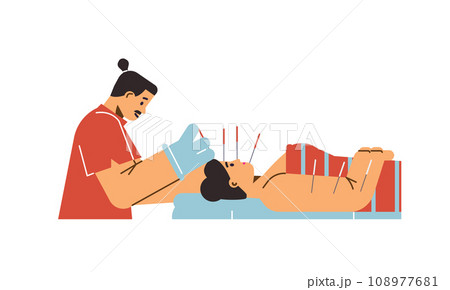 Acupuncture treatment vector illustration, acupuncturist inserts needles into the face of patient, oriental medicine 108977681