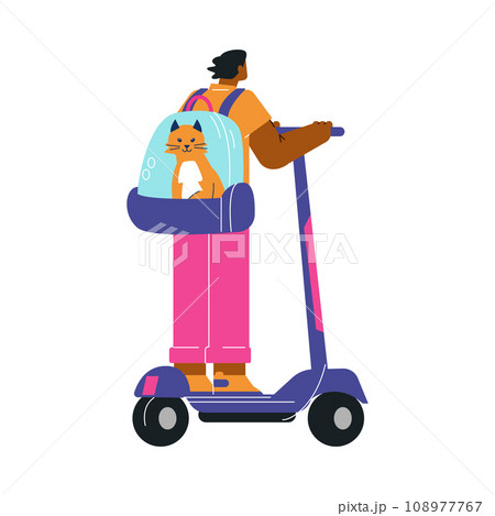 The person carries with pets cage backpack rides a scooter, vector cat sits in the carrier, traveling with pet The person carries with pets cage backpack rides a scooter, vector cat sits in the carrier, traveling with pet 108977767