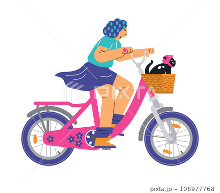 Woman rides a bicycle with a cat in a basket, flat vector on white Woman rides a bicycle with a cat in a basket, flat vector on white 108977768