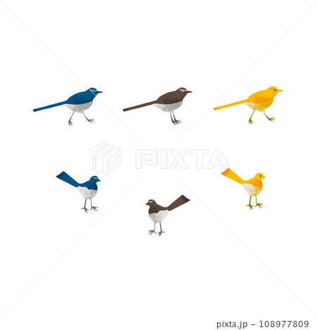 テクスチャのある青、黄、茶色の歩く鳥のイラスト テクスチャのある青、黄、茶色の歩く鳥のイラスト 108977809
