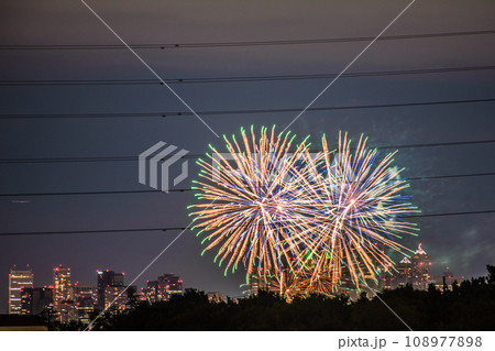 日本の東京都市景観4年ぶり多摩川花火大会。第45回世田谷区たまがわ花火大会の会場側・奥に都庁＝21日 108977898