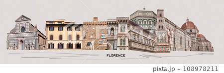 Collage of landmarks of Florence, Italy. Basilica of Santa Maria del Fiore or Basilica of Saint Mary of the Flower in Florence, Italy. Art design 108978211
