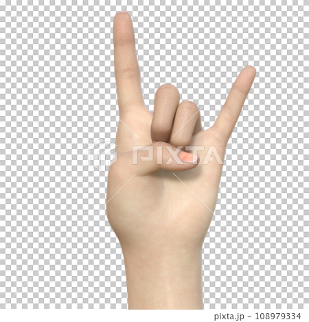 Hand sign with index finger and pinky finger up, 3D illustration of palm front Hand sign with index finger and pinky finger up, 3D illustration of palm front 108979334