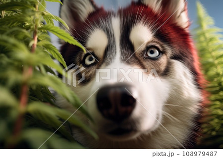 Siberian husky sniffs leaves from marijuana bushes. Siberian husky sniffs leaves from marijuana bushes. 108979487