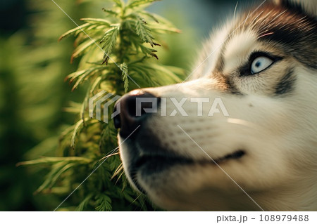 Siberian husky sniffs leaves from marijuana bushes. Siberian husky sniffs leaves from marijuana bushes. 108979488