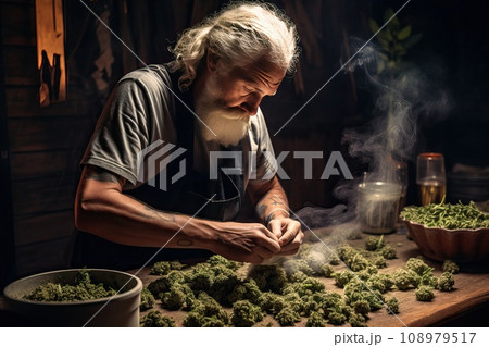 A man secretly makes cigarettes with marijuana in the basement. A man secretly makes cigarettes with marijuana in the basement. 108979517