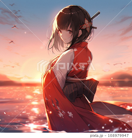 夕焼けの山と少女のイラスト - 幻想的なワンシーン！ 『夕焼けと女の子