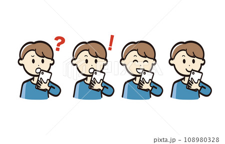 スマホを見る若い男性の様々な表情イラストセット 108980328