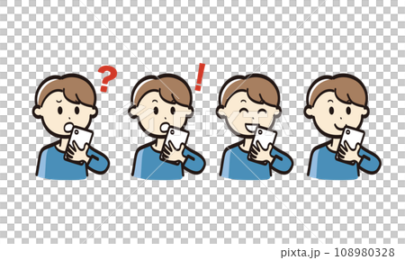 スマホを見る若い男性の様々な表情イラストセット 108980328