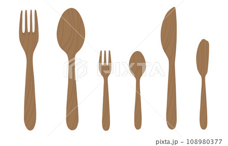 Illustration of wooden cutlery. Fork, knife, spoon 108980377