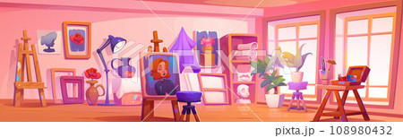 Art studio room interior with painting tools 108980432