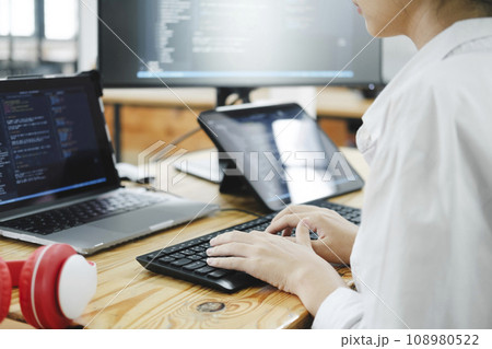 IT Programmer Starts Working on Desktop Computer. 108980522