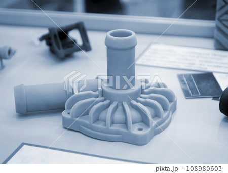 Abstract art object printed on 3D printer from photopolymer. SLA. Model 3D printed from liquid photopolymer resins. Concept progressive additive 3D printer printing technology. Sla-printing. Gray blue Abstract art object printed on 3D printer from photopolymer. SLA. Model 3D printed from liquid photopolymer resins. Concept progressive additive 3D printer printing technology. Sla-printing. Gray blue 108980603