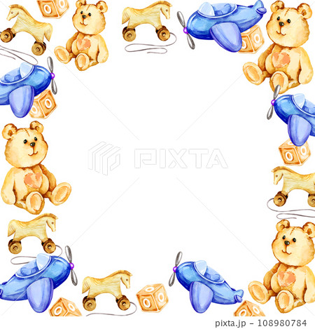 watercolor square frame of child theme with a teddy bear, blue airplane, wooden toy horse, blue and lilac cubes with letters isolated on white background watercolor square frame of child theme with a teddy bear, blue airplane, wooden toy horse, blue and lilac cubes with letters isolated on white background 108980784