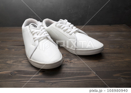 Closeup view of clean white sneakers Closeup view of clean white sneakers 108980940