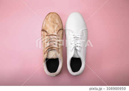 Closeup view of dirty and clean white sneakers Closeup view of dirty and clean white sneakers 108980950