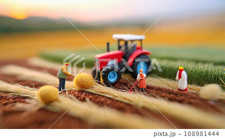 Farmers working on field with tractor in rural landscape - miniature figure, agriculture concept,ai generated Farmers working on field with tractor in rural landscape - miniature figure, agriculture concept,ai generated 108981444