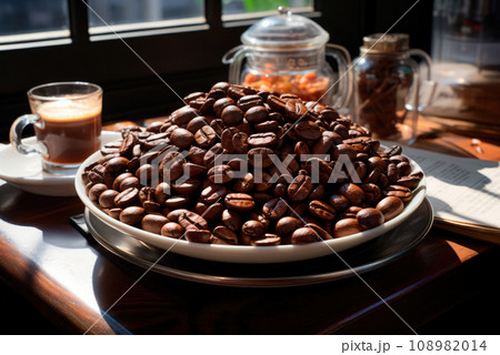 Roasted coffee beans close-up on a plate on the table Roasted coffee beans close-up on a plate on the table 108982014