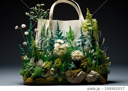 Paper bag with fancy trees on it. The concept of a thrifty attitude to nature and protection Paper bag with fancy trees on it. The concept of a thrifty attitude to nature and protection 108982057