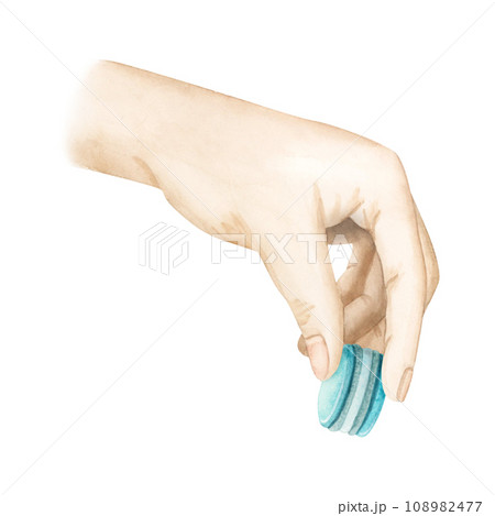Hand holding teal pastel blue French macaroon watercolor illustration isolated on white background for dessert sweet food designs Hand holding teal pastel blue French macaroon watercolor illustration isolated on white background for dessert sweet food designs 108982477
