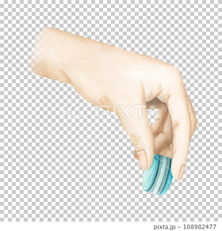 Hand holding teal pastel blue French macaroon watercolor illustration isolated on white background for dessert sweet food designs Hand holding teal pastel blue French macaroon watercolor illustration isolated on white background for dessert sweet food designs 108982477