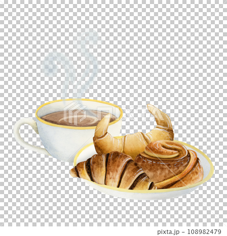 Pastry plate with butter and chocolate French croissant, rolled cinnamon bun and hot coffee cup watercolor illustration isolated on white background for snack and breakfast Pastry plate with butter and chocolate French croissant, rolled cinnamon bun and hot coffee cup watercolor illustration isolated on white background for snack and breakfast 108982479