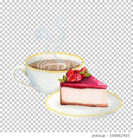 Hot coffee cup with cappuccino and strawberry cheesecake dessert watercolor illustration isolated on white background for menus and flyers 108982485