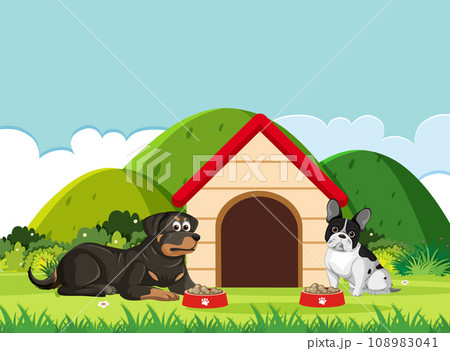 Adorable Dogs Enjoying a Meal in Front of their Dog House Adorable Dogs Enjoying a Meal in Front of their Dog House 108983041
