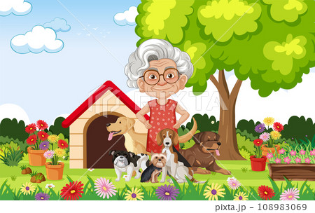 Grandmother and her Pet Dogs in a Flower Garden Grandmother and her Pet Dogs in a Flower Garden 108983069