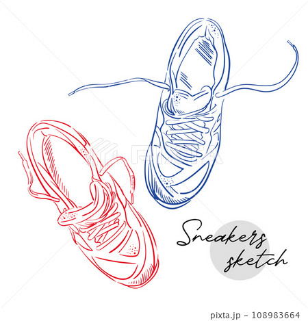 Template vector tennis or running shoes, suitable for your custom sneaker design, outline vector doodle illustration, side, rear, top view, isolated with white background. 108983664