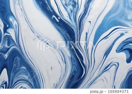 the abstract background of blue and white acrylic paints in water liquid marble texture 108984371