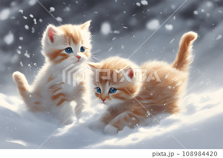 the draw kittens playing in the white snow 108984420