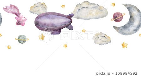 Watercolor hand drawn illustration, magical cosmos universe items, moon stars clouds airship balloon. Seamless border Isolated on white background. For kids, children bedroom, fabric, linens print Watercolor hand drawn illustration, magical cosmos universe items, moon stars clouds airship balloon. Seamless border Isolated on white background. For kids, children bedroom, fabric, linens print 108984592