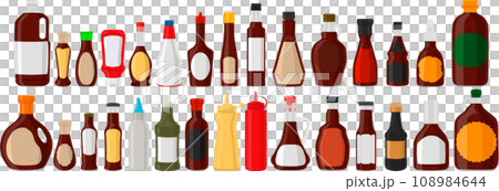 big kit varied glass bottles filled liquid sauce teriyaki 108984644