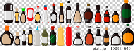 big kit varied glass bottles filled liquid sauce unagi 108984649