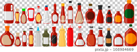 big kit varied glass bottles filled liquid sauce habanero 108984669