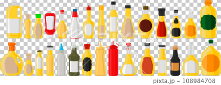 big kit varied glass bottles filled liquid cheese sauce 108984708