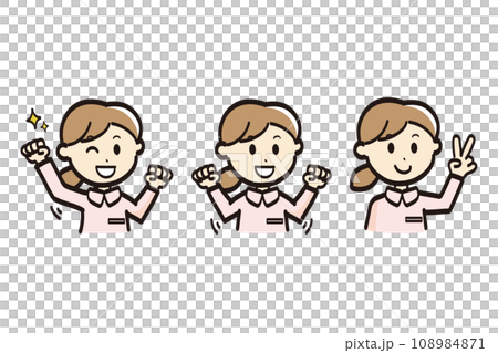 Illustration set of a young female nurse wearing a white coat_Peace Guts pose 108984871